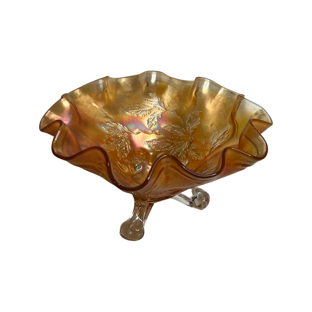 Vintage Carnival Glass Footed Bowl Berry Leaf Design Scalloped Top In Marigold